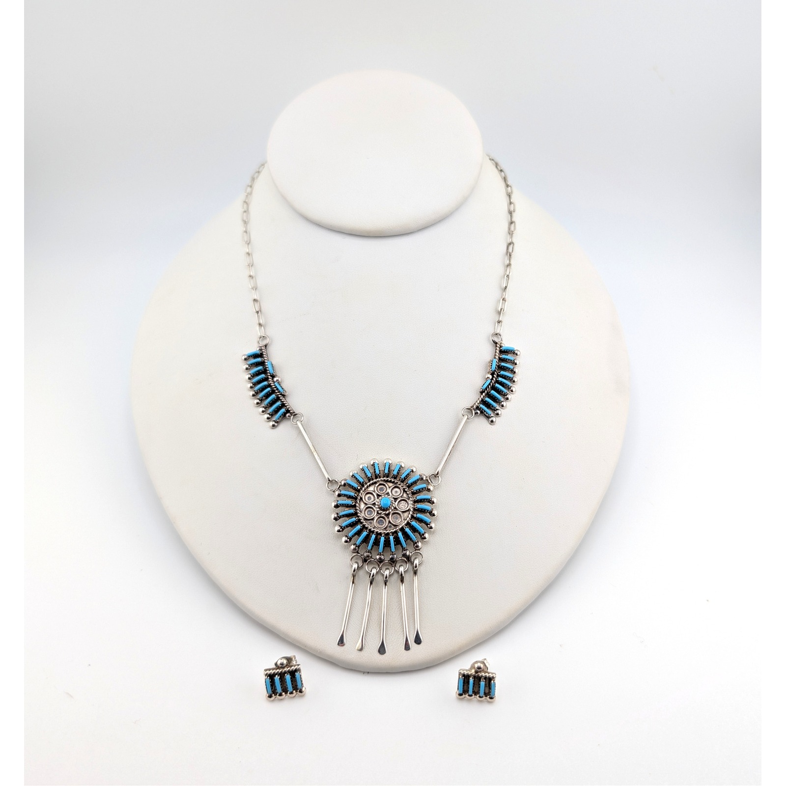 Handcrafted Zuni Needlepoint Turquoise Fringe Pendant Rolo Chain Necklace 350$